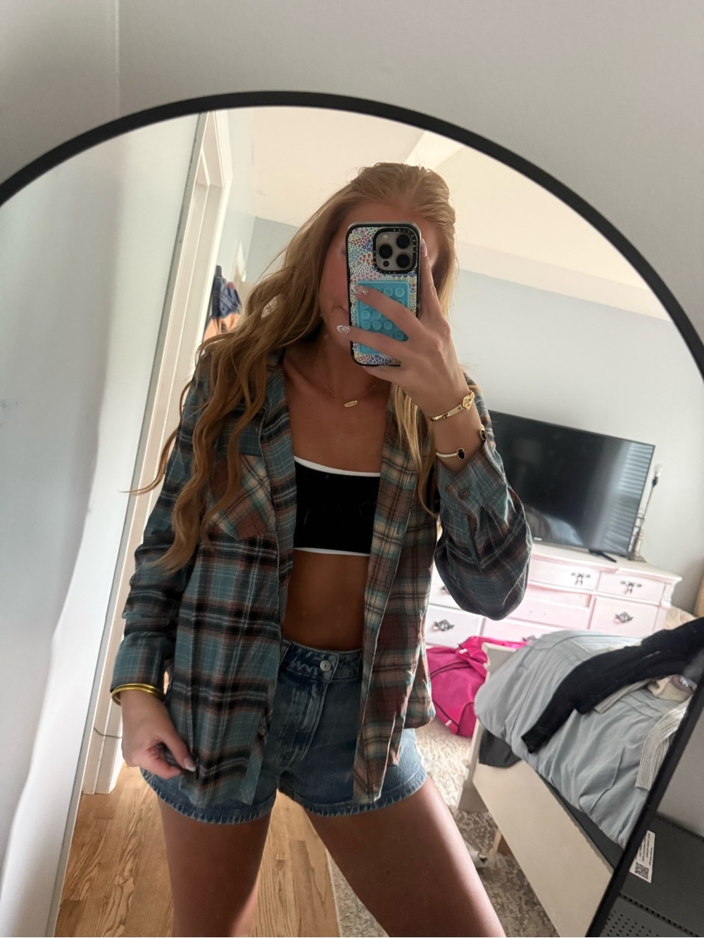 Maurices Plaid Button Down Shirt Jacket in Teal, Brown, and Rust